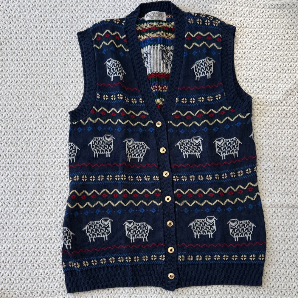 Pendleton Navy Sheep Pattern Cardigan Vest